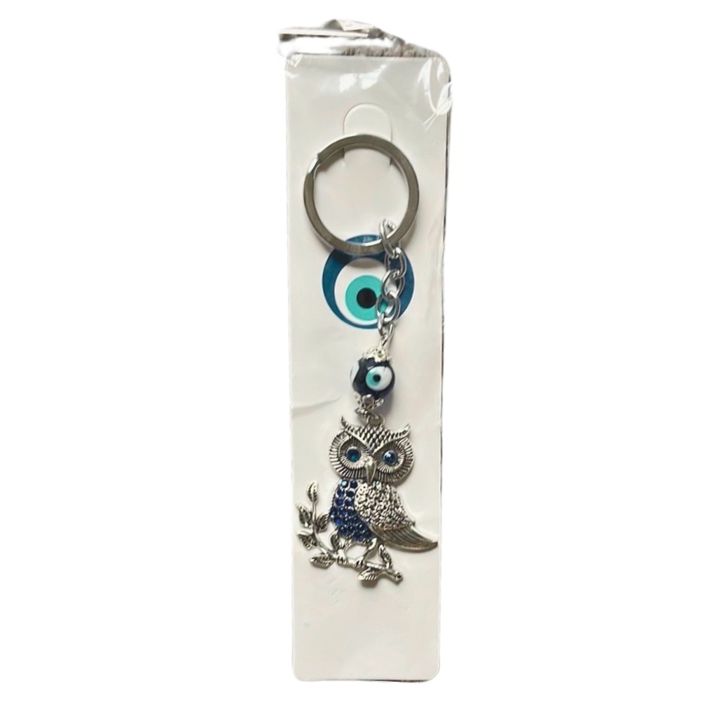Silver Owl Keychain with Blue Accents